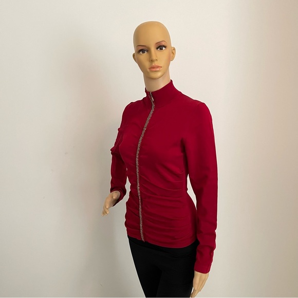 Red Rhinestone Embellished Ruched Long Sleeve Turtleneck Zip-up Blouse - Picture 4 of 8
